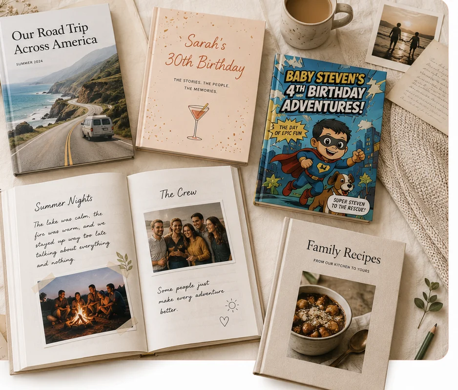A shelf of finished Heirloom books — a road-trip memoir, a 30th-birthday keepsake, a kids’ comic, a family recipe book, and an open photo spread — on a linen tabletop.